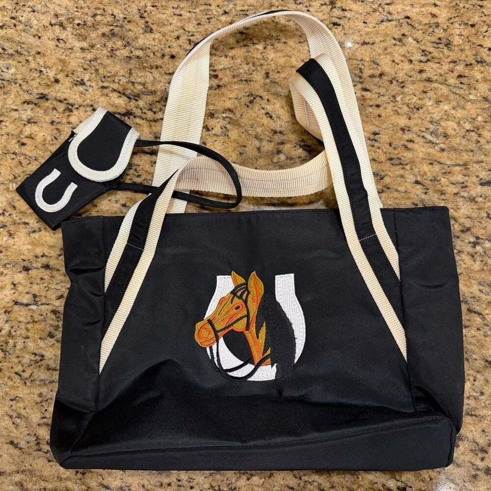 Equestrian Horse Embroidered black nylon bag and cell phone holder